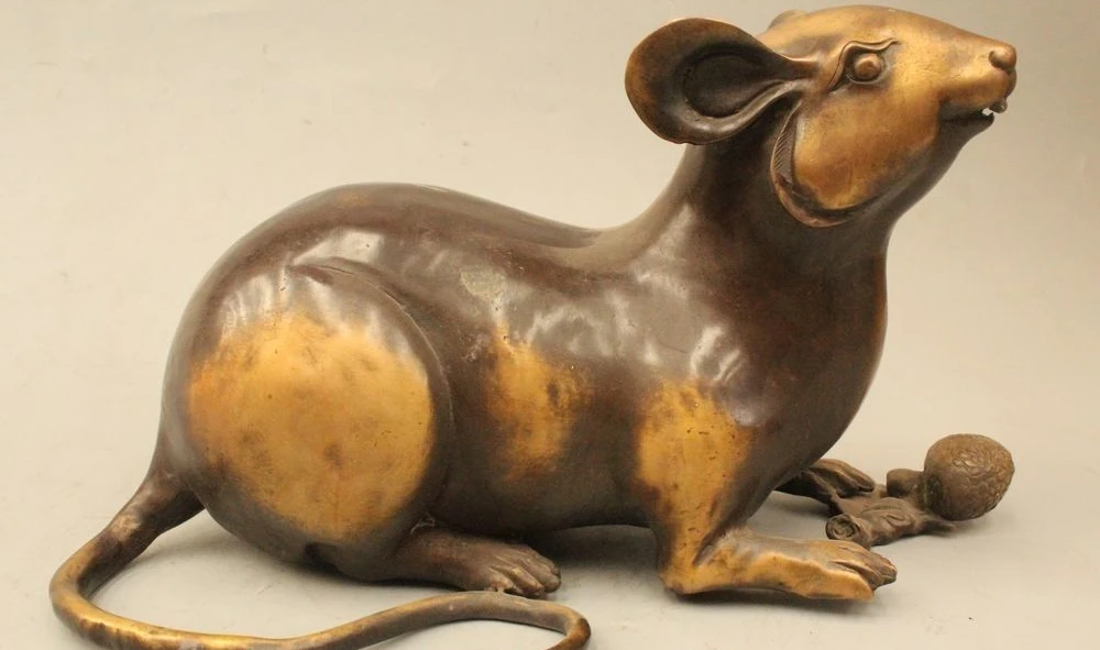 

12" Chinese Fengshui Copper Zodiac Year Mouse Coin Wealth pine cone Statue