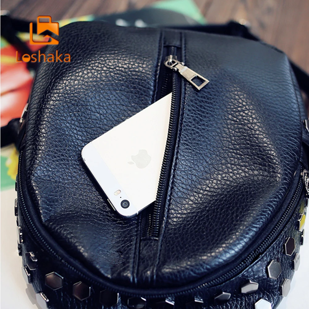 Loshaka Small Women Backpacks Rivet Zipper Pu Leather Student Backpack Preppy Fashion Bag Girls Women's Backpack
