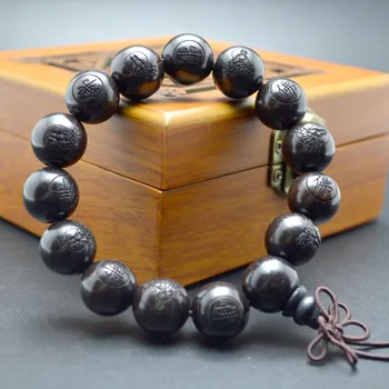 

15mm Black Sandalwood Carved Lotus and Buddha Round Beads Mala Bracelets Buddhist Jewelry