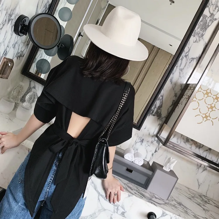 

[EWQ] 2019 Spring Summer New Pattern Round Collar Half Sleeve Pullovers Open Back T-shirt Women Fashion Tide AG47300