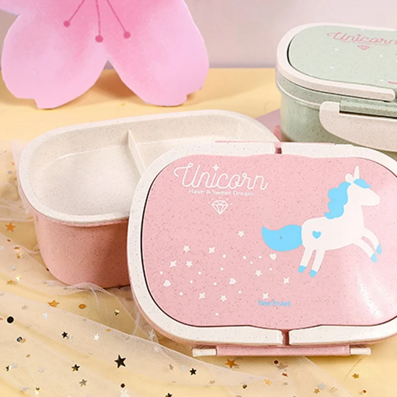 Portable Cute Unicorn Lunch Box BPA Free Wheat Straw Storage 2 Layers Adult Student Bento Boxes Food Container Microwave