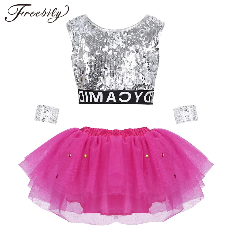 iixpin Kids Girls Sequins Figure Ice Skating Dance Tutu Dress Stage Performance Mesh Skirt with Hair Clips Set