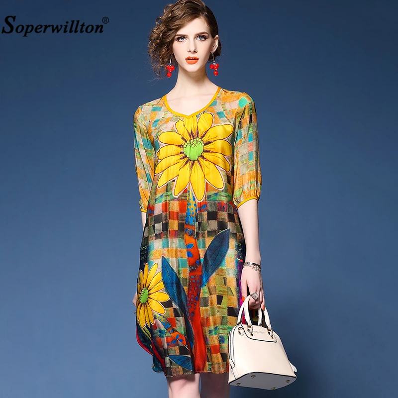 

Soperwillton Plus Size Casual Women Dress Elegant Loose Knee-Length Summer Dresses Thin Chiffon Print flower O-Neck Vestidos