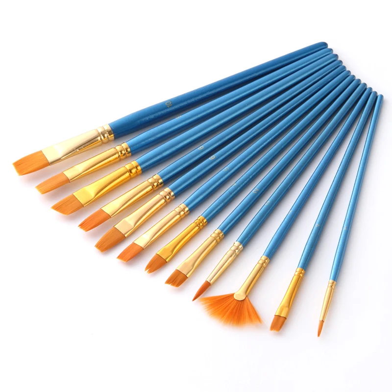Beste 12 Stks Kwast Aquarel Gouache Borstels Ronde Spitse Tip Blauw Handvat Gold Nylon Haar Olieverf Borstel Art levert