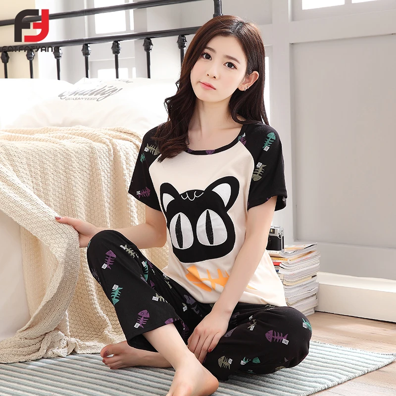 Buy Cute Sleepwear Women Pajama Sets Women Cat Patchwork Print Short Sleeve