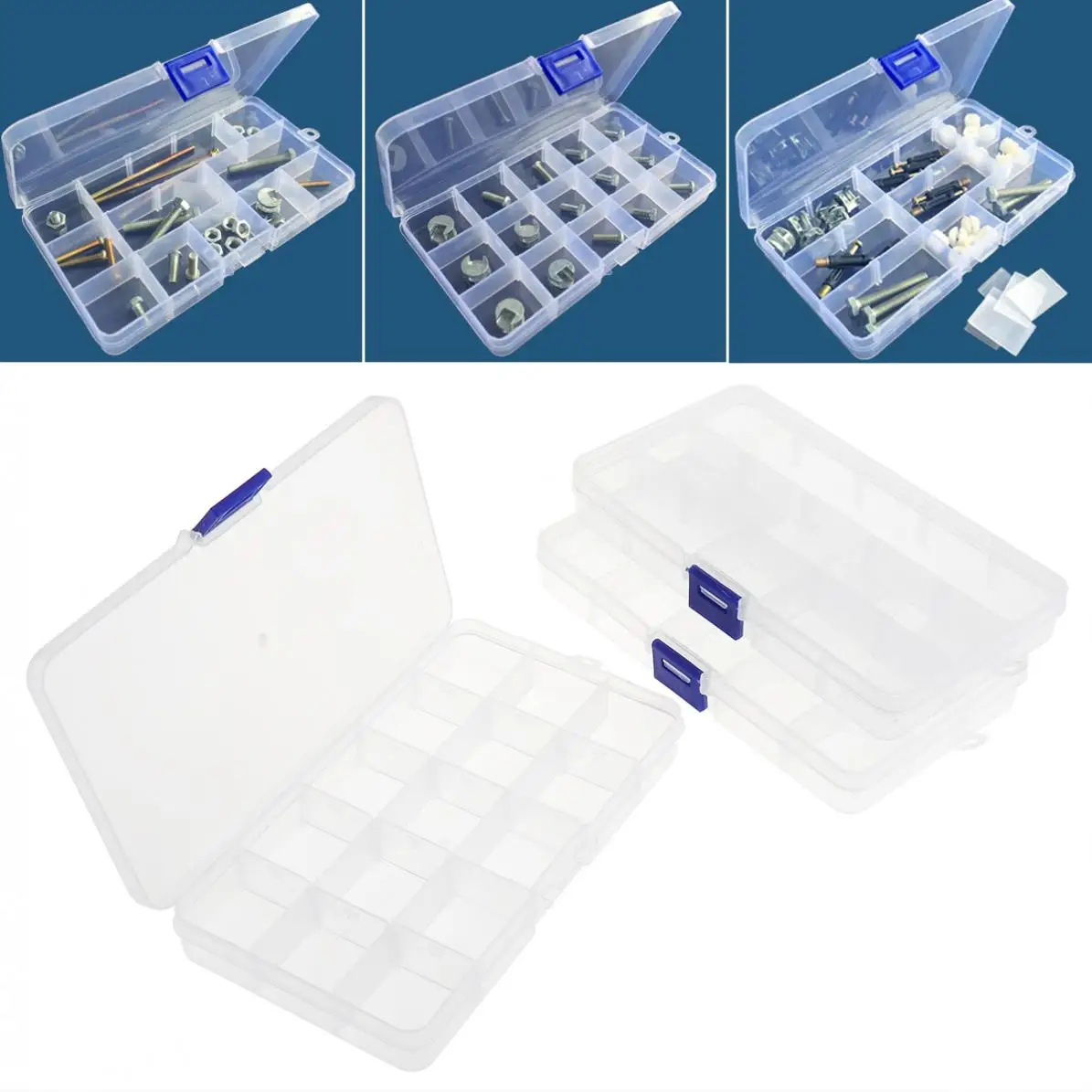 

3pcs 15 Grid Adjustable Transparent Plastic Jewelry Ring Earrings Box CaseDetachable Hardware Tool Box Assortment Box with Lid