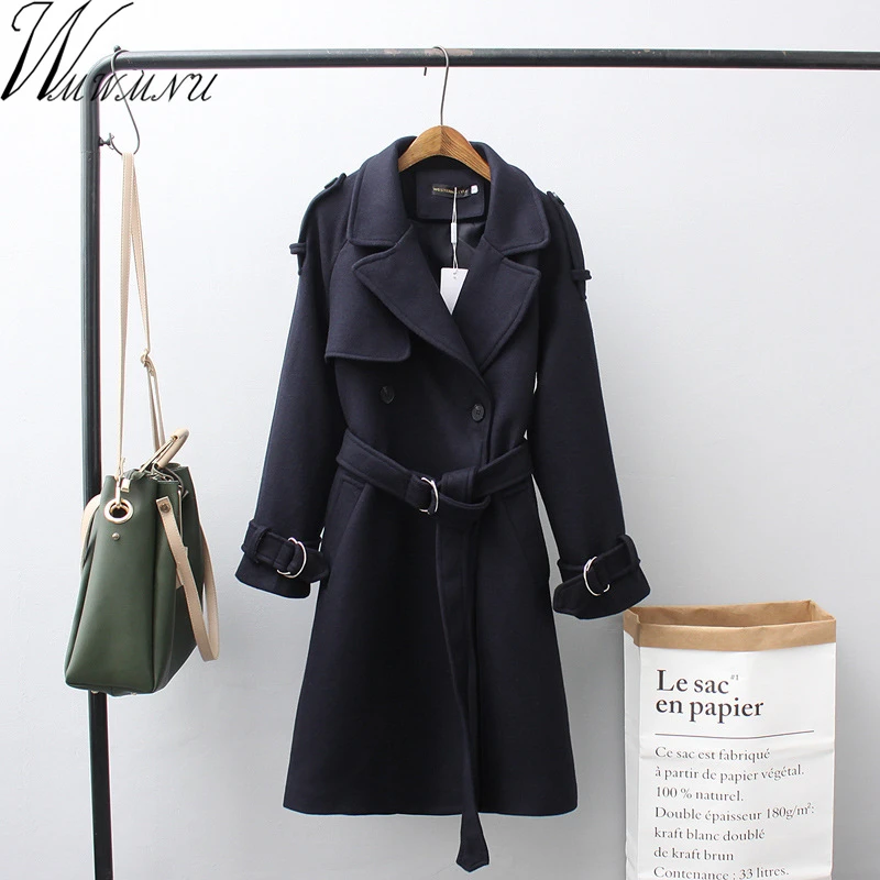 

2018 Spring Autumn Winter jackets Women Belt Pocket Wool Blend Coat Oversize Long Trench coats Outwear Wool Coat Women