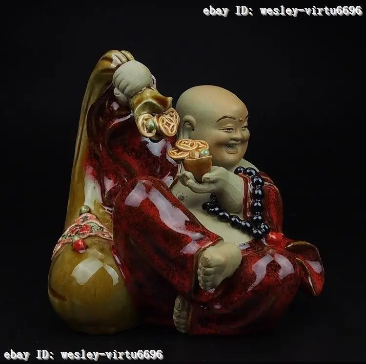 

Chinese Pottery Wucai Porcelain Folk Lucky Money Yuanbao Maitreya Buddha Statue