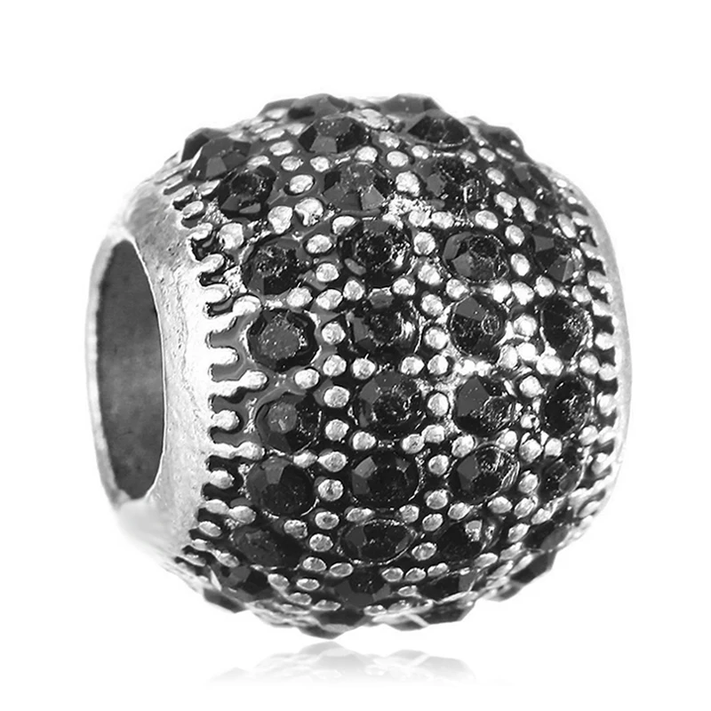 

Silver Alloy Beads Round shape Full with Black Crystal Rhinestones DIY Bead Charms Fit For Pandora Charms Bracelets