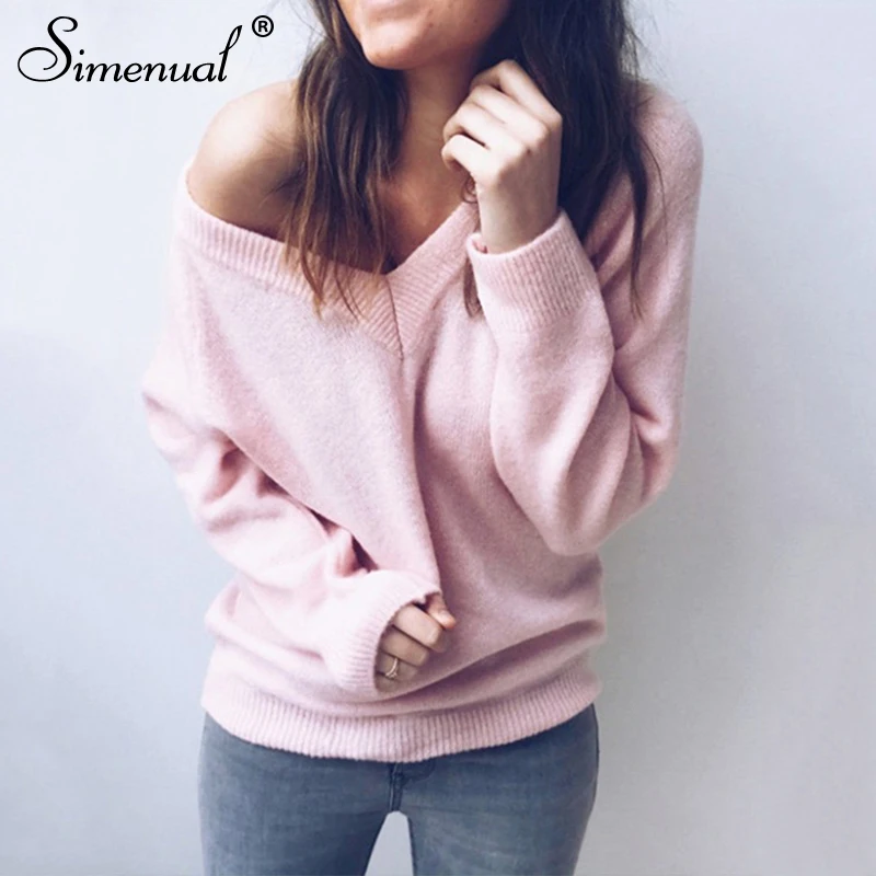 Vente Simenual col en V femmes chandails et pulls tricotés automne hiver vêtements solide basique mince pull femme pull pull dame