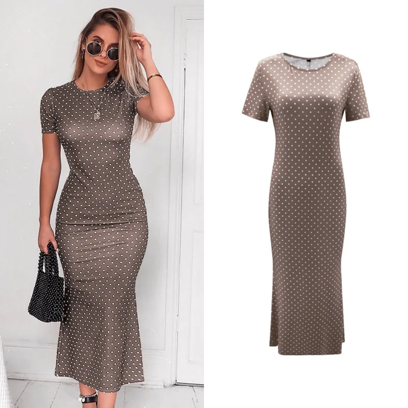 

2019 spring new women's fashion short-sleeved fishtail dress round neck dot print long dress office bag hip slim dress S-XXL