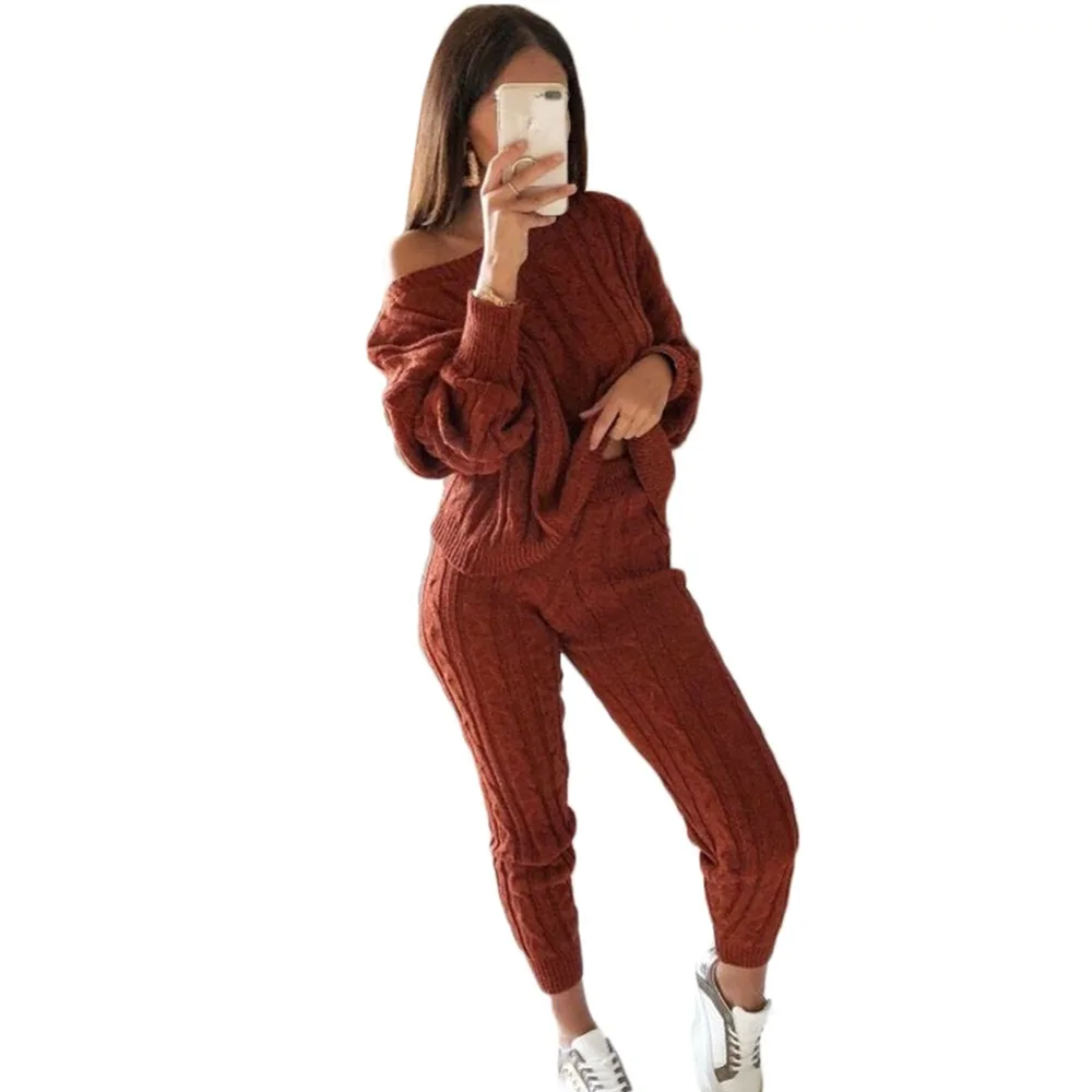 2 Piece Set Women Sweaters Suit Sexy Off shoulder Sweater Pants Tracksuits Woman Knitted Casual Trousers+Tops Women Clothing Set 2 Piece Set Women Sweaters Suit Sexy Off shoulder Sweater Pants Tracksuits Woman Knitted Casual Trousers+Tops Women Clothing Set