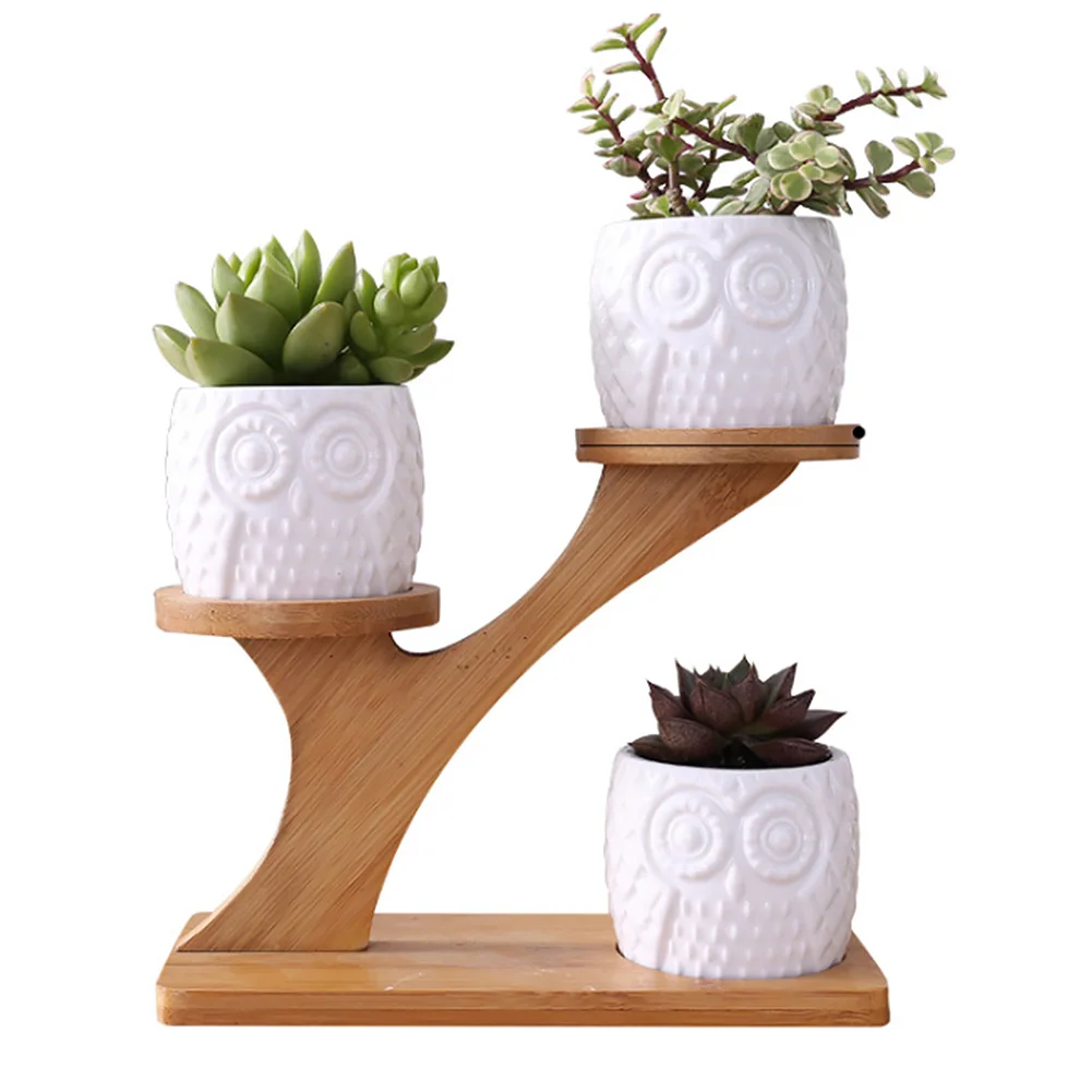 

3pcs 3 Tier Desk Pot Set Tidy Ceramic Home Wear Resistant Office Owl Shape With Bamboo Holder Saucers Stand Space Saving Indoor