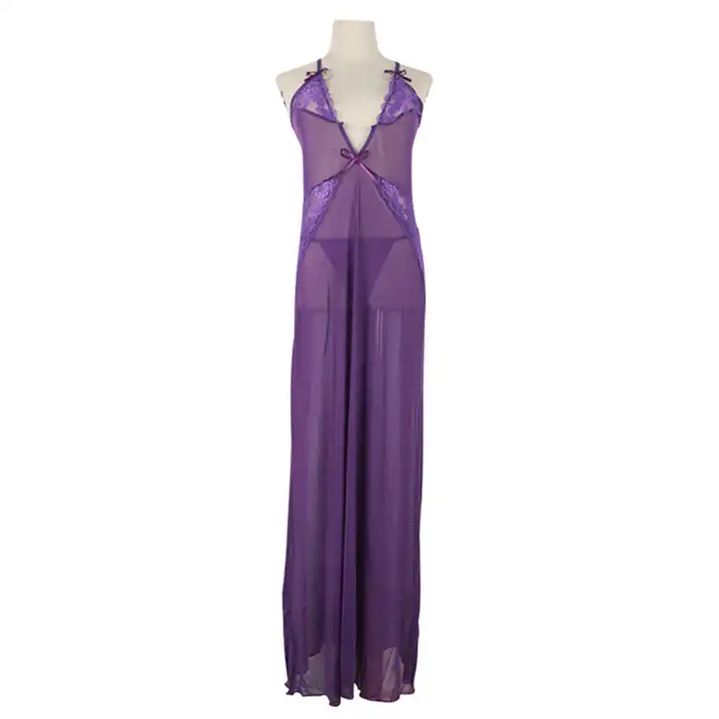 Women Deep V Neck Sleeveless Slim See Floor Length Nightgown Purple Black Lace Perspective Mesh Long Party Dress Sleepwear