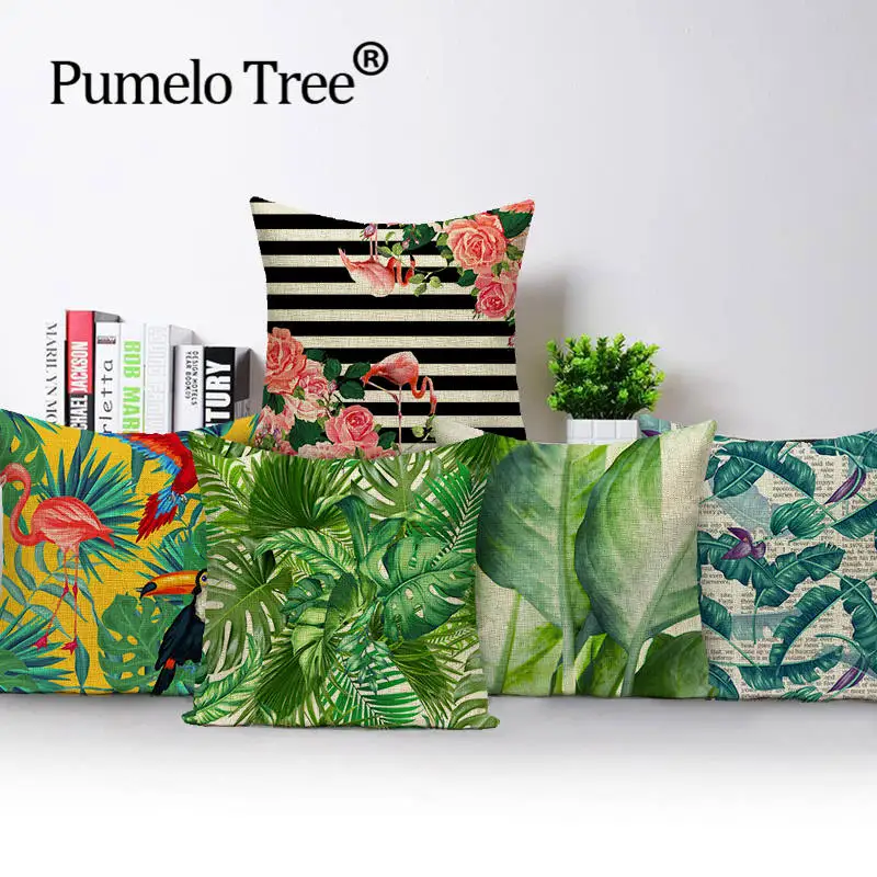 

Fashion Tropical Green Pink Leaf Flamingo Flowers Star Wings Decorative Sofa Cushion Home Decorative Pillows Almofadas Q0153