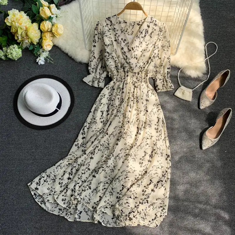 

French romantic elegant floral niche v-neck shirt dress tall waist thin chiffon long dress in female