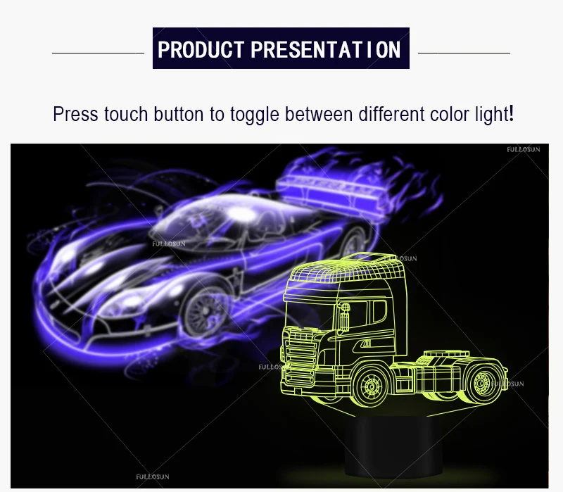 Супер светодиодный тяжелый грузовик формы ночной светильник 7 меняющихся цветов 3d иллюзия ночник сенсорный переключатель USB кабель