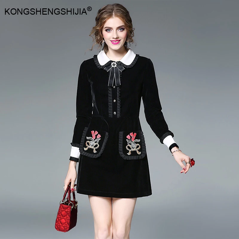 

2017 Autumn New Fashion Velvet Runway Dress High Quality Women Fashion Long Sleeve bow Floral Embroidery Black Dress