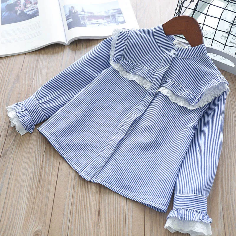 

Hurave Mandarin collar Ruffles Toddler Clothing striped Blouses Girl Kids ruffles Shirts stitching lace button Children Clothes