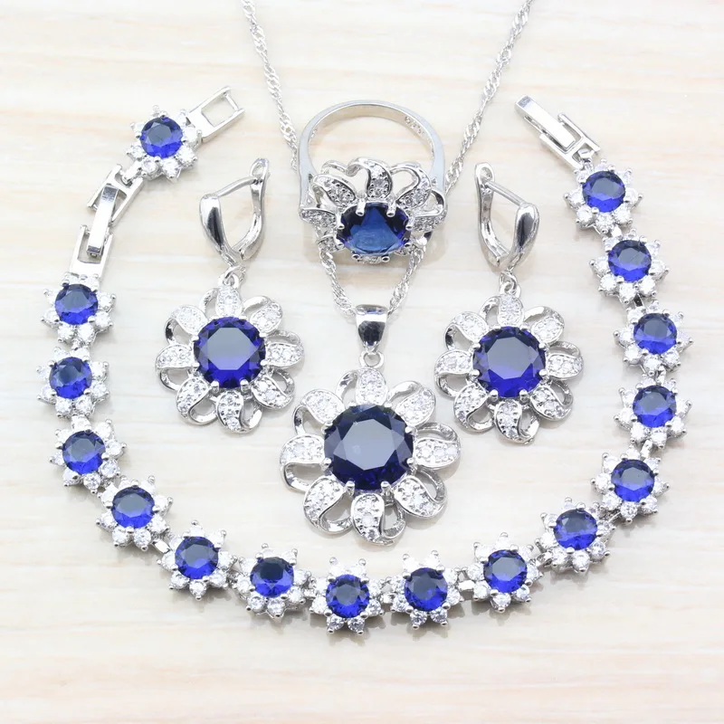 

Dubai Silver 925 Women Costume Jewelry Sets With Natural Stone Blue Zircon Crystal Necklace And Earrings Sets