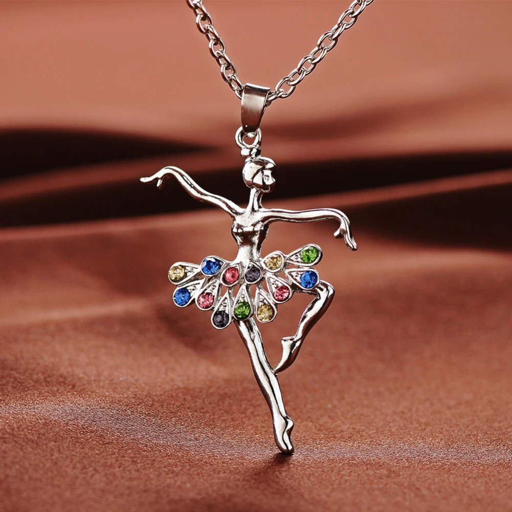 Fashion Lady Ballerina Pendant Necklace Rhinestone Charm Jewelry