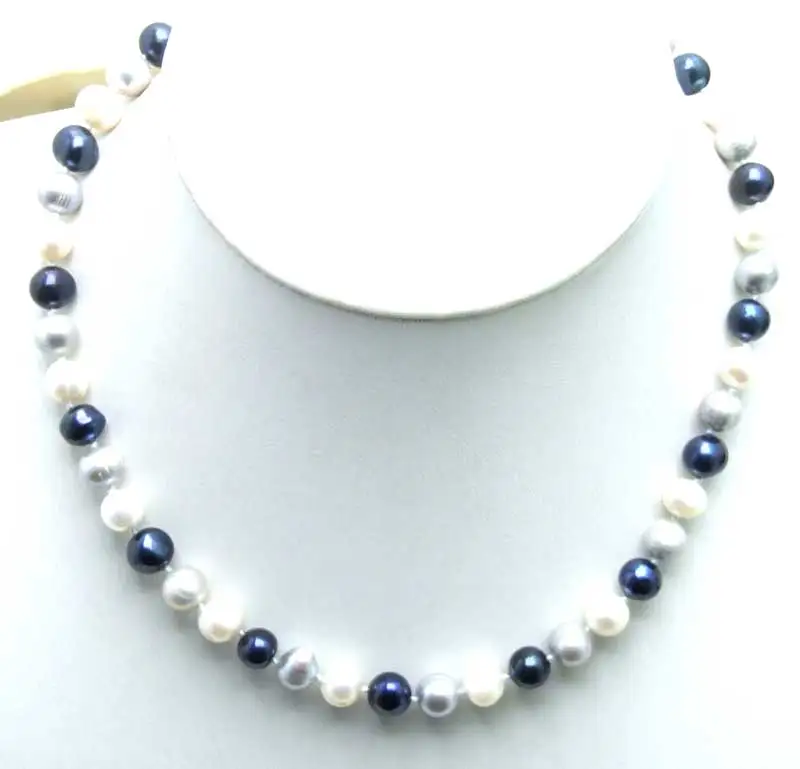 

SALE 6-7mm White and black and gray round Natural Freshwater PEARL 17" Necklace -5900 Wholesale/retail Free shipping