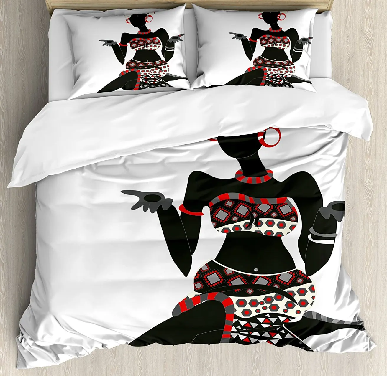 

African Woman Duvet Cover Set, Local Lady Indigenous Ethnic Patterned Dress Gesture Silhouette, 4 Piece Bedding Set