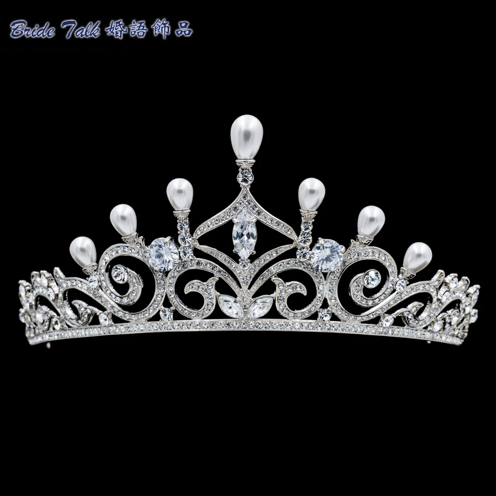 Women Austrian Crystals Rhinestone Pearl Tiara Wedding Crown Bridal Hair Jewelry Accessories Pageant SHA8750