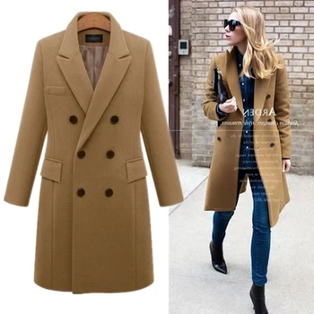 

b Autumn Winter Coat Women Casual Wool Solid Jackets Blazers Female Elegant Double Breasted Long Coat Ladies Plus Size M-5XL