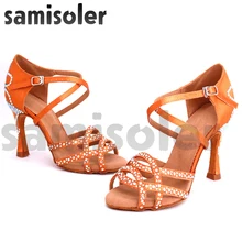 Samisoler/женские туфли для латиноамериканских танцев с коричневыми стразами; танцевальные туфли для сальсы; модные удобные атласные туфли на высоком каблуке 5-10 см