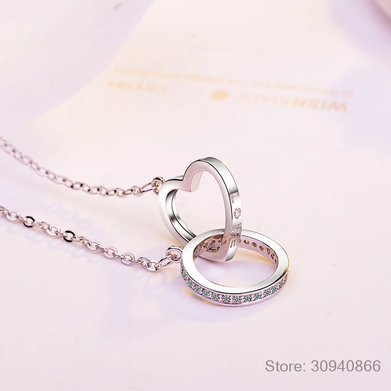 925 стерлингового серебра двойной круг любовь, сердце, кубический циркон циркония ожерелья и подвески для женщин подарок колье ожерелье S-N59