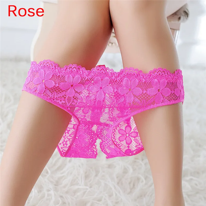 New Sexy Lingerie Underwear Women Bow Lace Briefs Low Waist Open Crotch Solid Sex Panties Erotic Adult Party Game Role Play