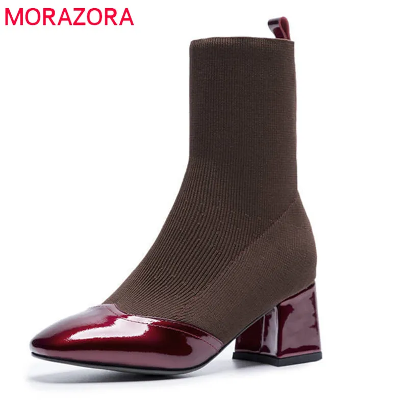 

MORAZORA 2020 new fashion ankle boots for women square toe mixed colors Stretch socks boots high heels female shoes black