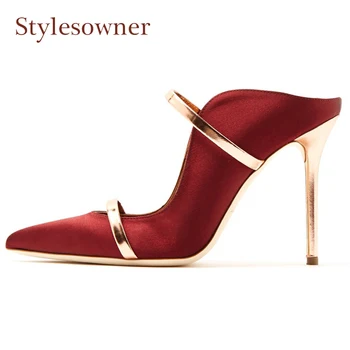 

Luxury Silk High-heel Women Slippers Mixed Color Narrow Band Pointed Toe Stiletto Heel Sexy Lady Runway Half Slipper
