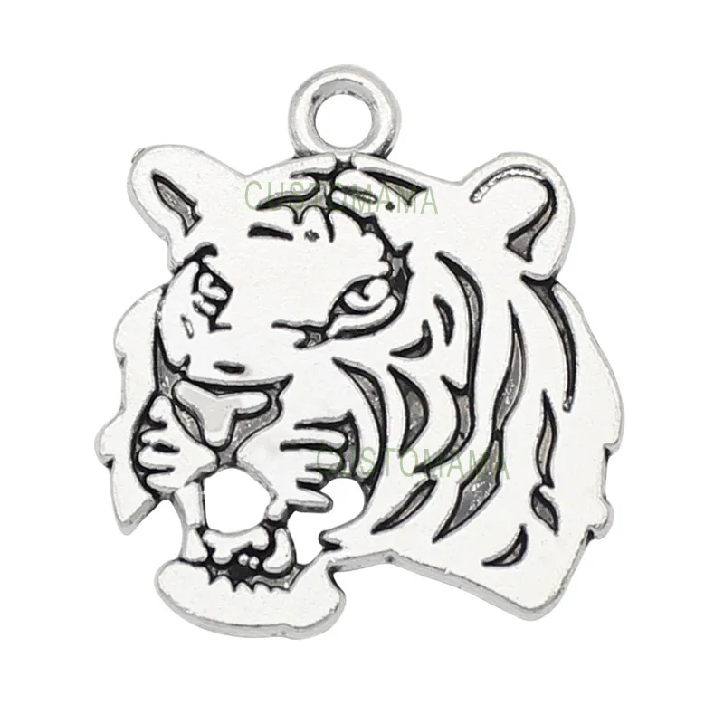 25pcs Tiger Charms Antique Silver 2 Sided Tiger Head Charm Pendant