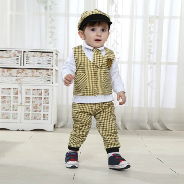 Baby Boys Plaid Wedding Suit Set with Hat, Newborn Gentleman 3-Piece Outfit image 4