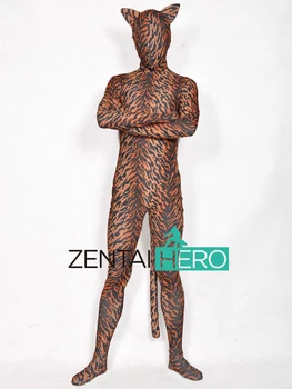 

Free Shipping DHL Best Selling Tiger Pattern Lycra Zentai Bodysuit Halloween Costume with Tail and Ears XRA092 Fancy Dress