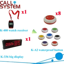 Wireless Pager System Call Display Wrist Watch Receiver Call Transmitter Button 433MHZ( 1 display+1 wrist pager+8 call button )