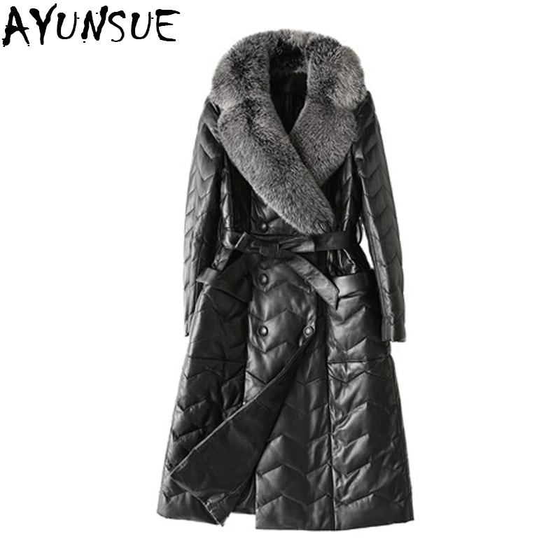 

AYUNSUE European Luxury Genuine Leather Jacket Women natual Raccoon Fur Collar Real Sheepskin Long Doube Breasted Leather coats