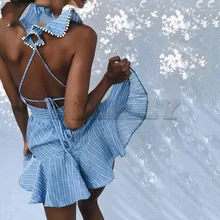 Cuerly sexy summer striped dress women deep v neck ruffle pom pom mini dress beach party dress L5 Cuerly sexy summer striped dress women deep v neck ruffle pom pom mini dress beach party dress L5