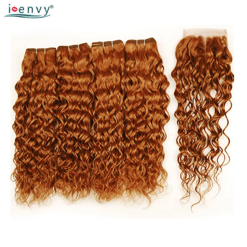 Ginger Blonde Water Wave Bundles With Closure Human Hair Colored 4