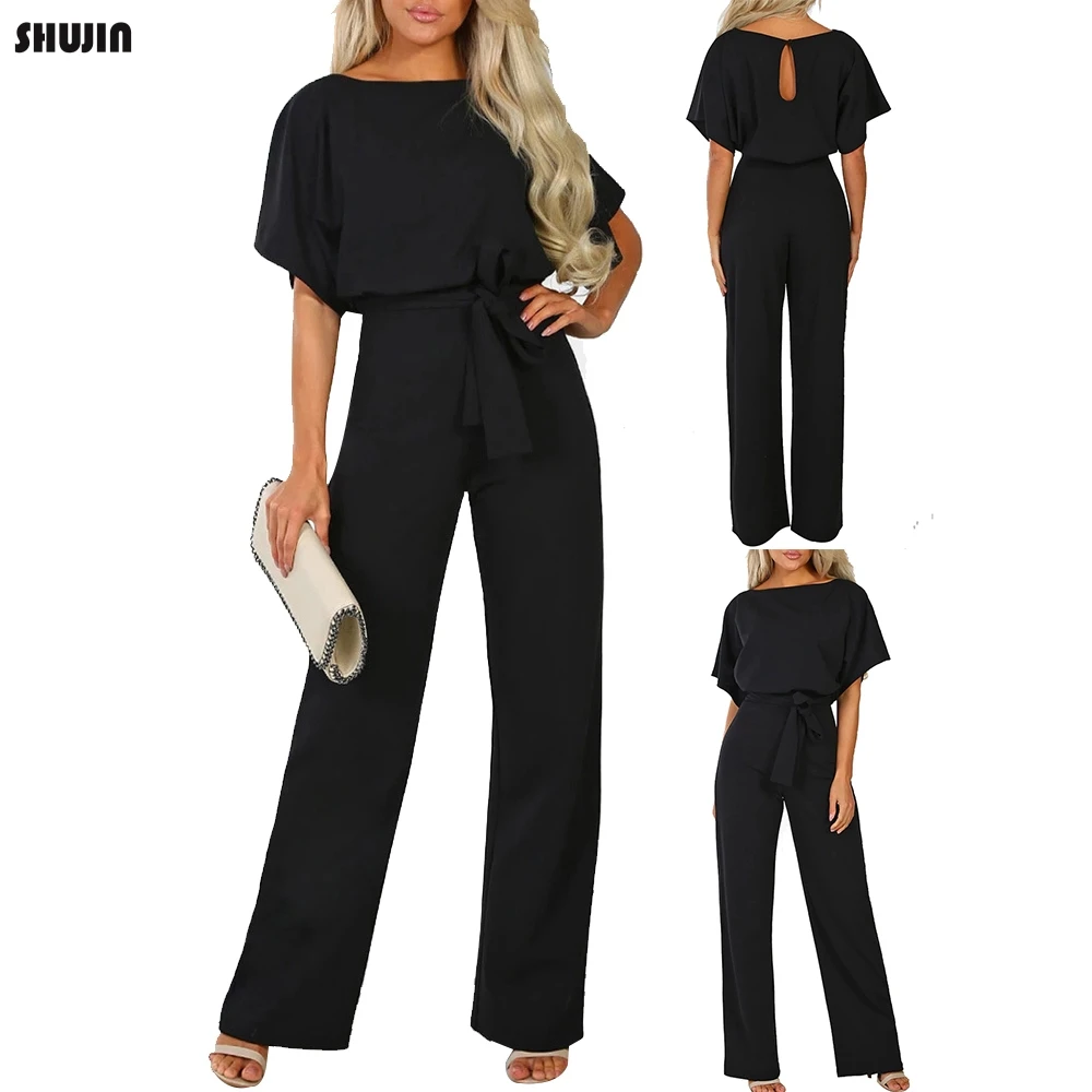 

SHUJIN 2019 Jumpsuit Women's Summer Short Sleeves Graceful Playsuit Beach Romper Long Romper Female Solid Casual Jumpsuit