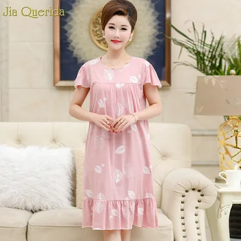 

Pink Ruffle Hem Nightshirts Women Elegant Leaf Print Ruffle Short Sleeve Cotton Sleeping Dress Women 2019 Summer Big Size Nighty