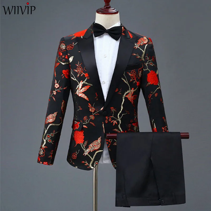 

S-4XL New Man Fashion Embroidery High Quality Party Blazer + Solid Pant Suits Male Casual Slim Blazer Coat Suit Outerwear 1120
