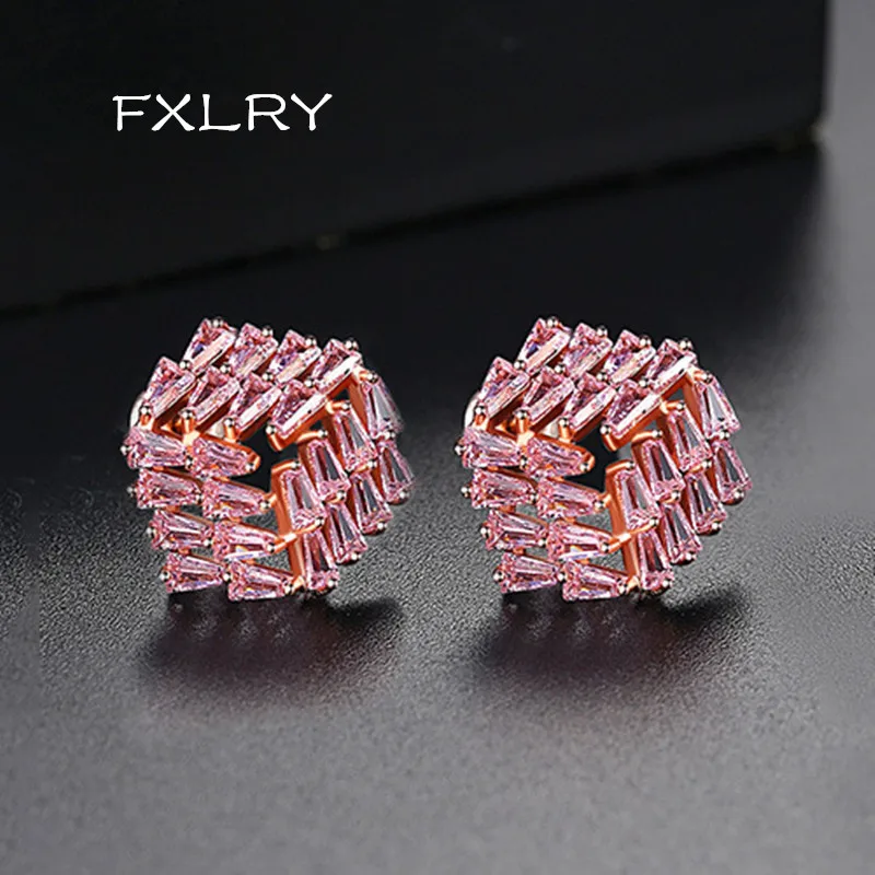 

FXLRY New Creative Design Geometric Stud Earrings for Women Party Shining Quality Yellow or Pink CZ Fashion Jewelry