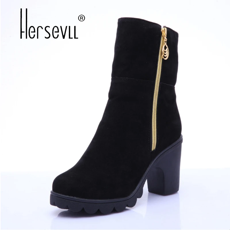 

Women Warm Snow Boots Short Boots Female Winter Shoes Woman Square High Heels mid-calf Boots Women Black Shoes Size 35-40 Flock