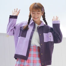 Повседневная осенне-зимняя женская фиолетовая Вельветовая куртка с цветными блоками, с надписями, в стиле пэчворк, однобортный, с карманами, верхняя одежда, пальто