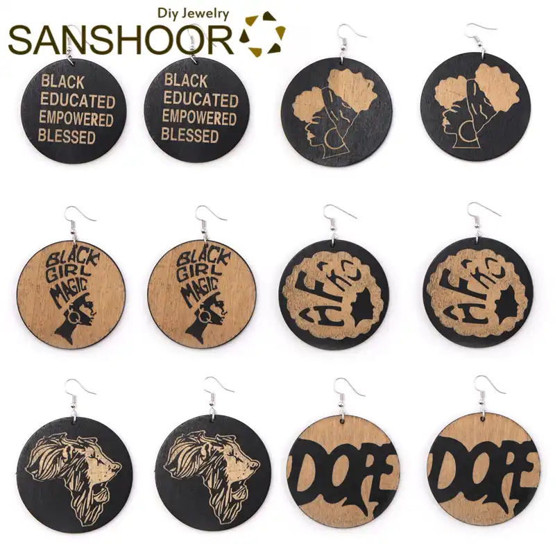 Sanshoor Mixed Afro Black Craved Wood Drop Earrings With Natural