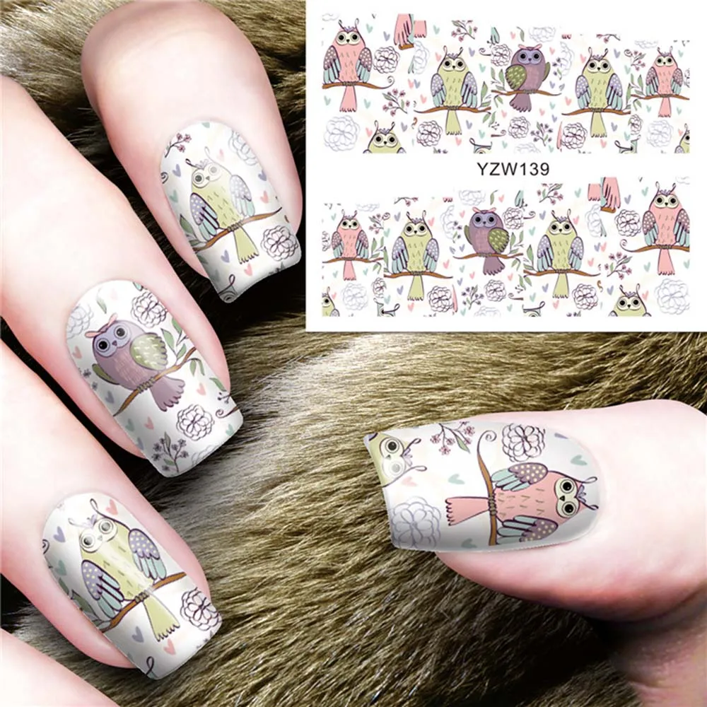 

12 sheets / pack Nail Sticker Owl On Tree Cartoon Cute Art Water Transfer Sticker Decal For Nail Art Tattoo DIY Nail Tool