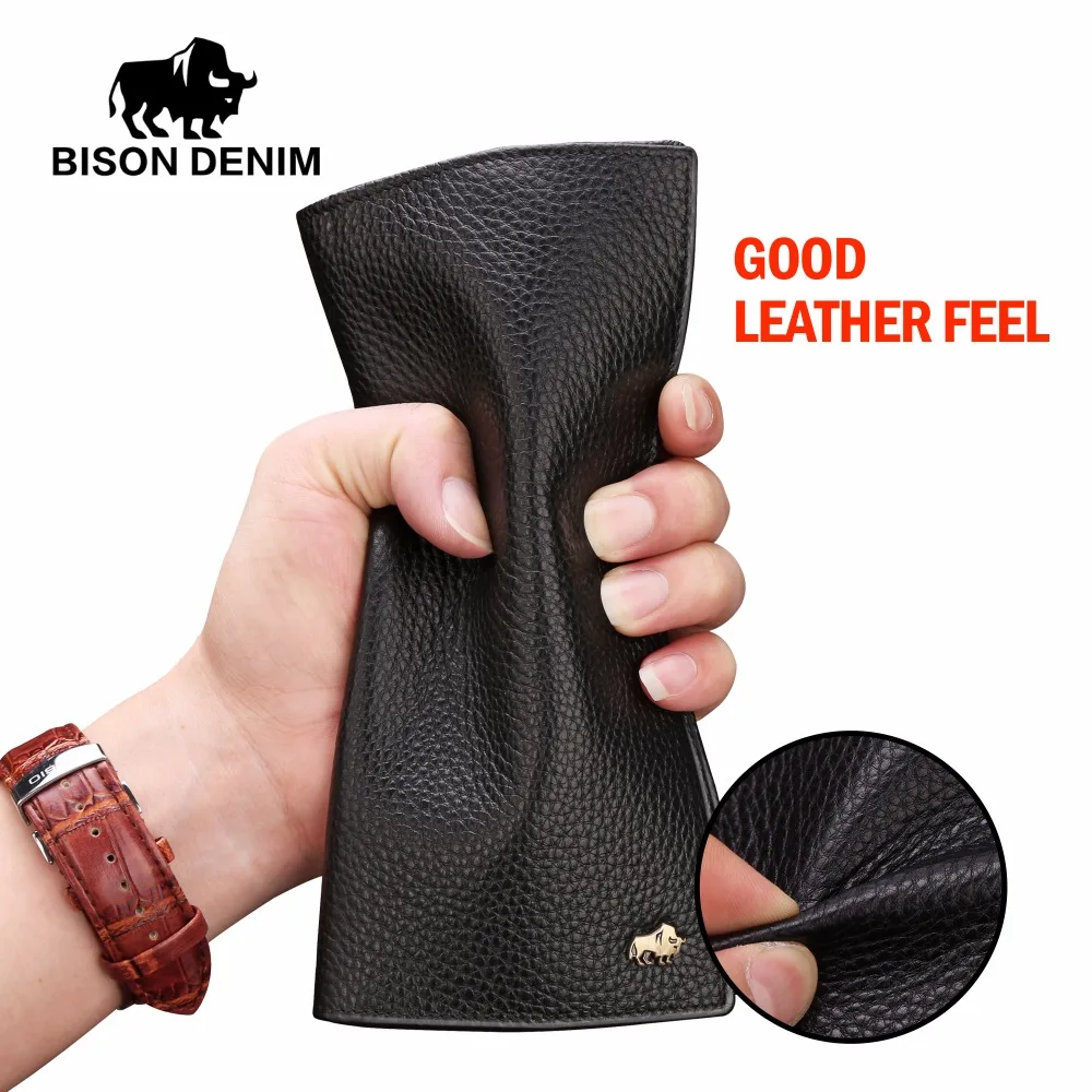 Мужской Длинный кошелек BISON DENIM из натуральной воловьей кожи с отделением для